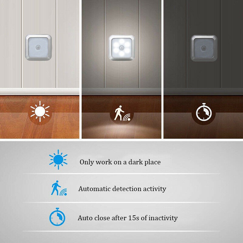 2021 NEW Motion Sensor 6 LED Night Light Wall Closet Cabinet Stair Wireless White Lamp A+