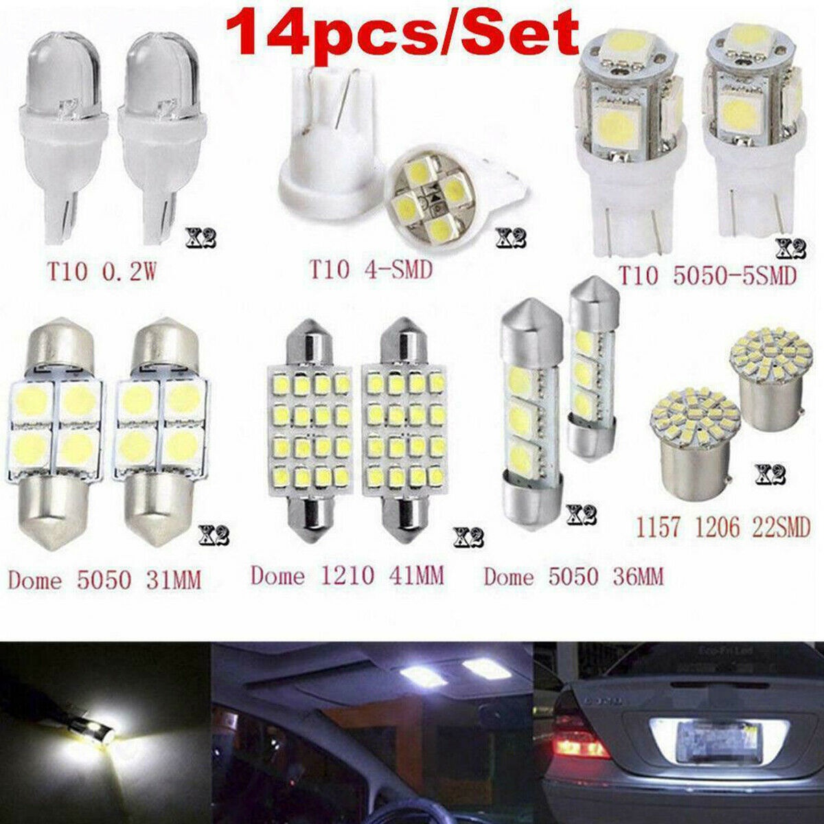 14Pcs Car Interior Package Map Dome License Plate Mixed LED Light Accessories Kits