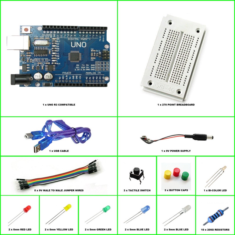 Arduino UNO R3 Starter Kit Compatible Microcontroller ATMEGA328P Breadboard