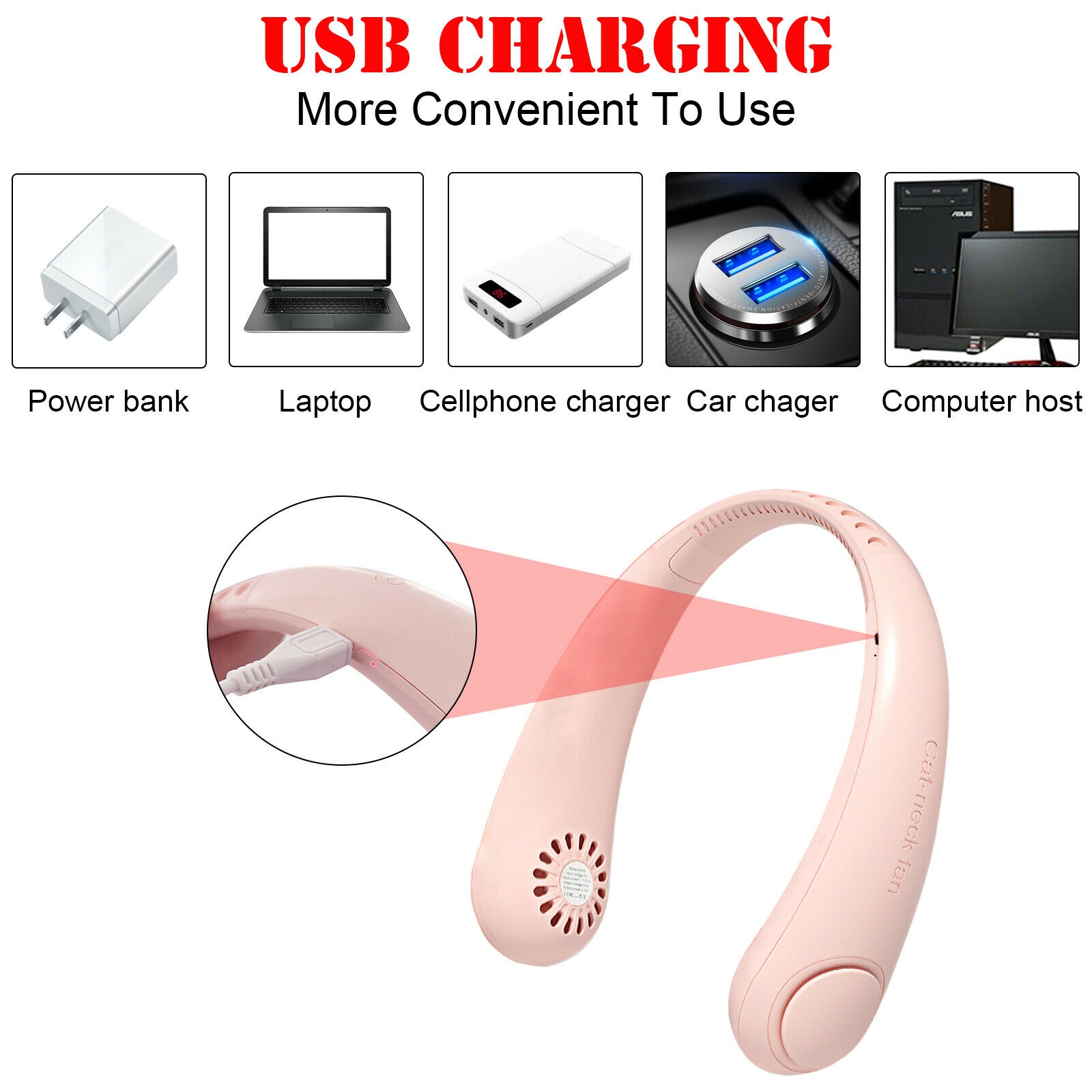 Portable Mini Fan Hanging Neck Fan USB Rechargeable Lazy Hands-Free Leafless Fan