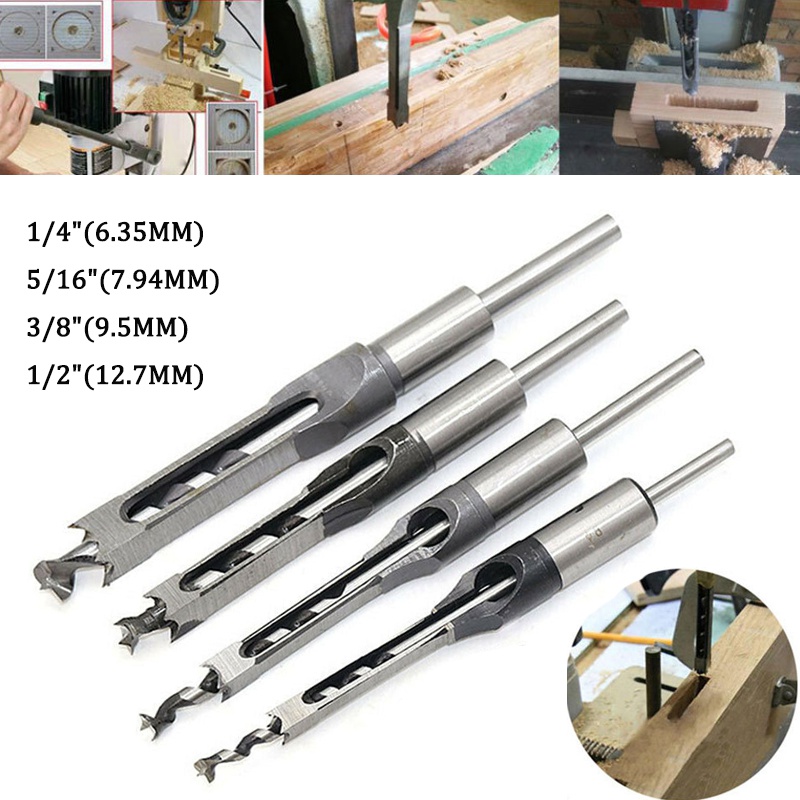 4pcs Square Hole Drill Bits Saw Wood Mortising Mortise Chisel Set Woodworking US