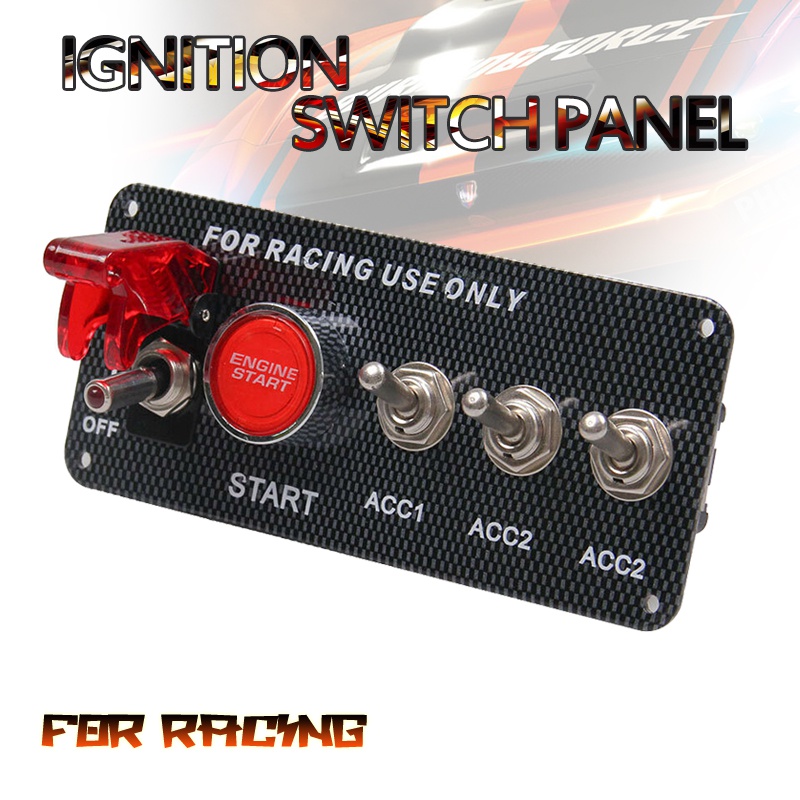 Carbon Ignition Switch Panel Engine Start Push Button LED Toggle Racing Auto 12V