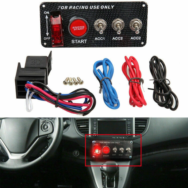 Carbon Ignition Switch Panel Engine Start Push Button LED Toggle Racing Auto 12V