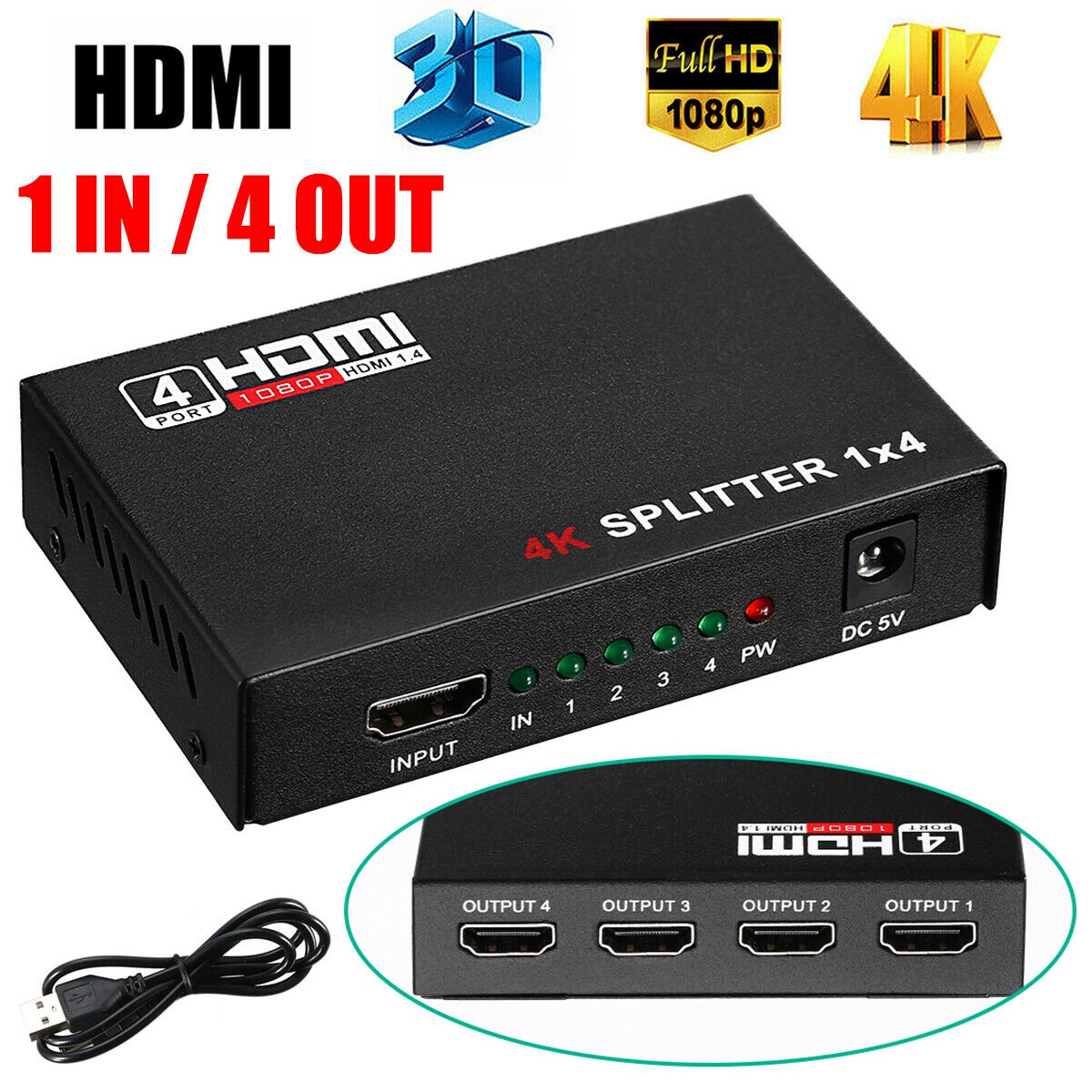 HDMI Splitter 1 in 4 Out Full HD 4 Port Hub Repeater Amplifier V1.4 3D 4K 1080p