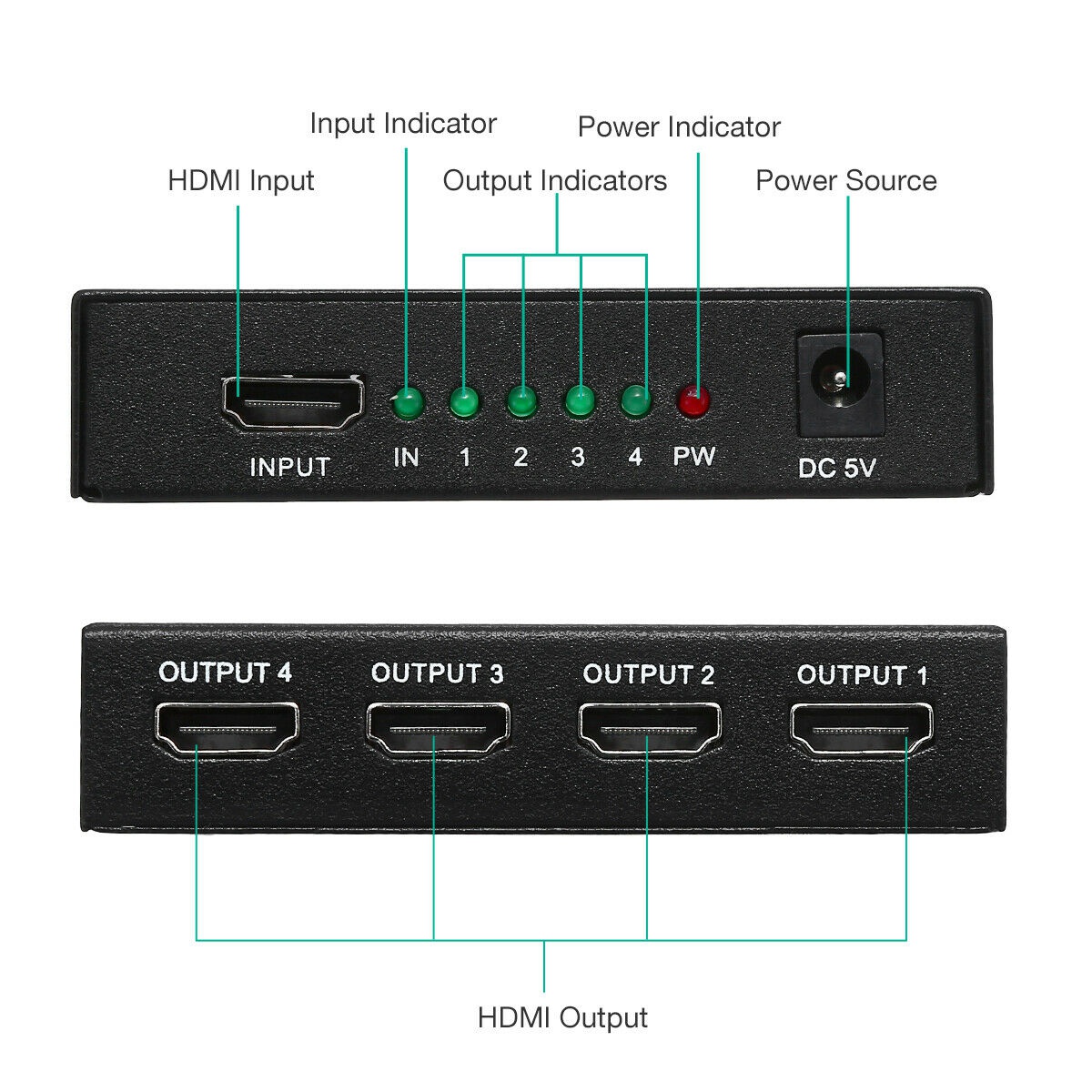 HDMI Splitter 1 in 4 Out Full HD 4 Port Hub Repeater Amplifier V1.4 3D 4K 1080p