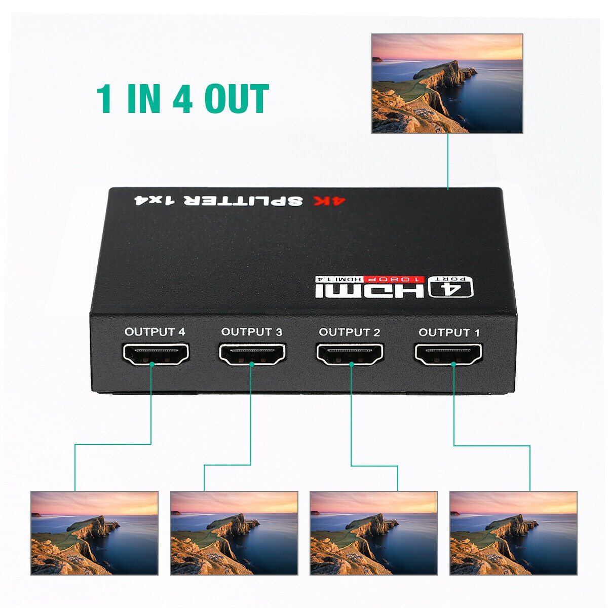 HDMI Splitter 1 in 4 Out Full HD 4 Port Hub Repeater Amplifier V1.4 3D 4K 1080p