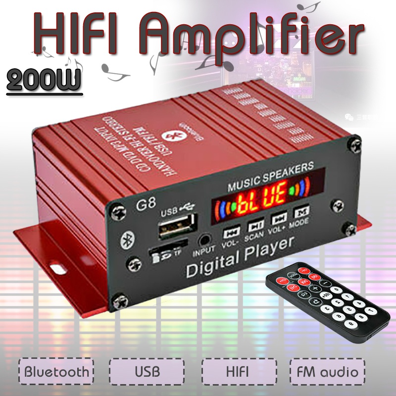 200W HIFI Digital bluetooth Stereo Audio Power Amplifier AMP AUX FM Mic+ Remote