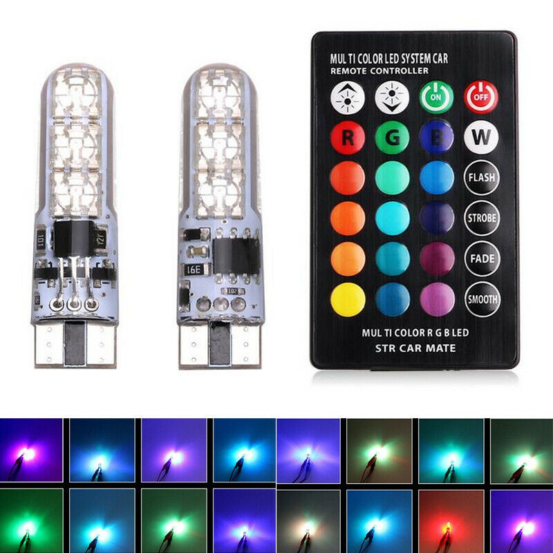 RGB T10 168 194 LED Bulbs W/RF Remote Control Multi-Color For Car Parking Lights