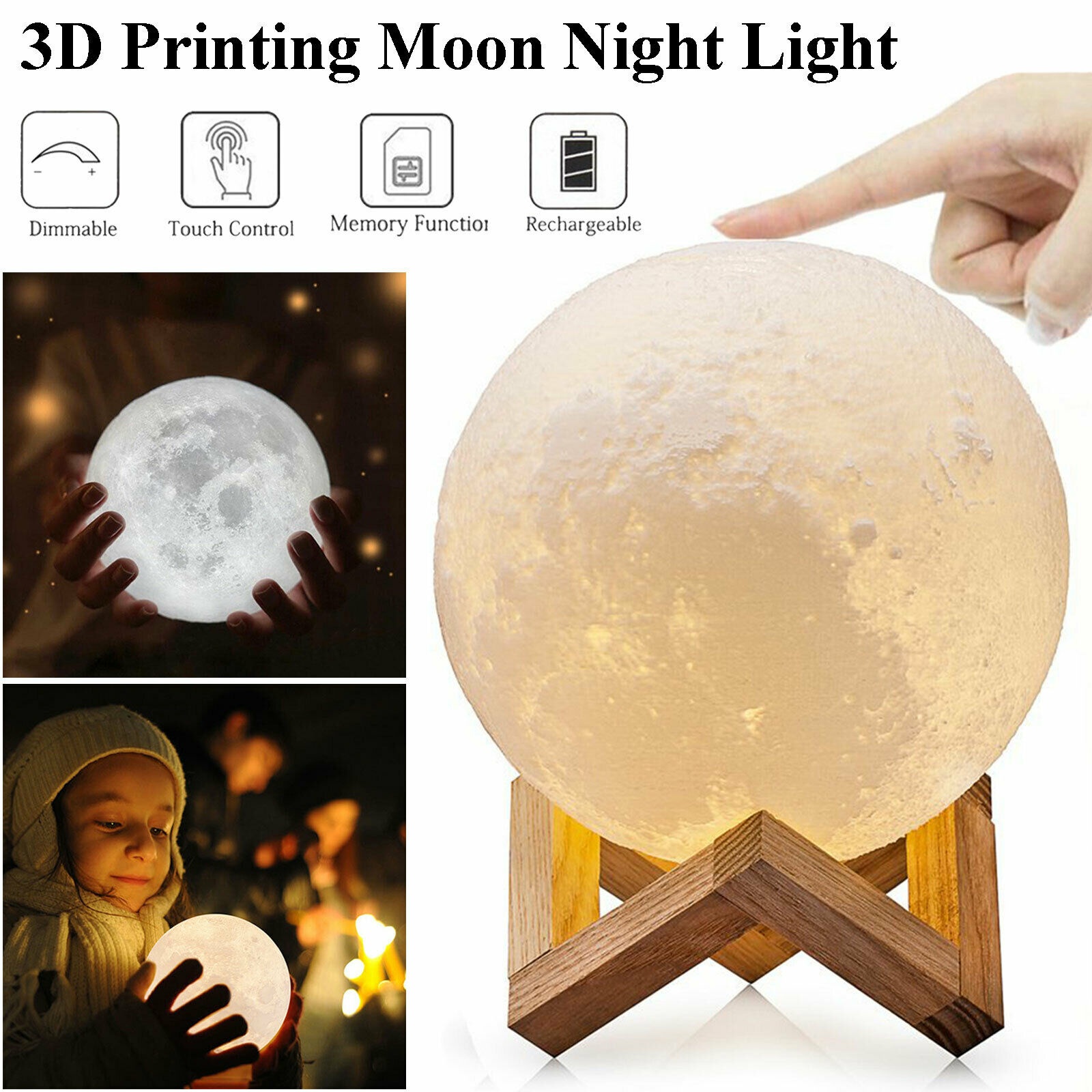 3D Printing Moon Lamp Moonlight USB LED Night Lunar Light Touch Color Changing Home Decor Room