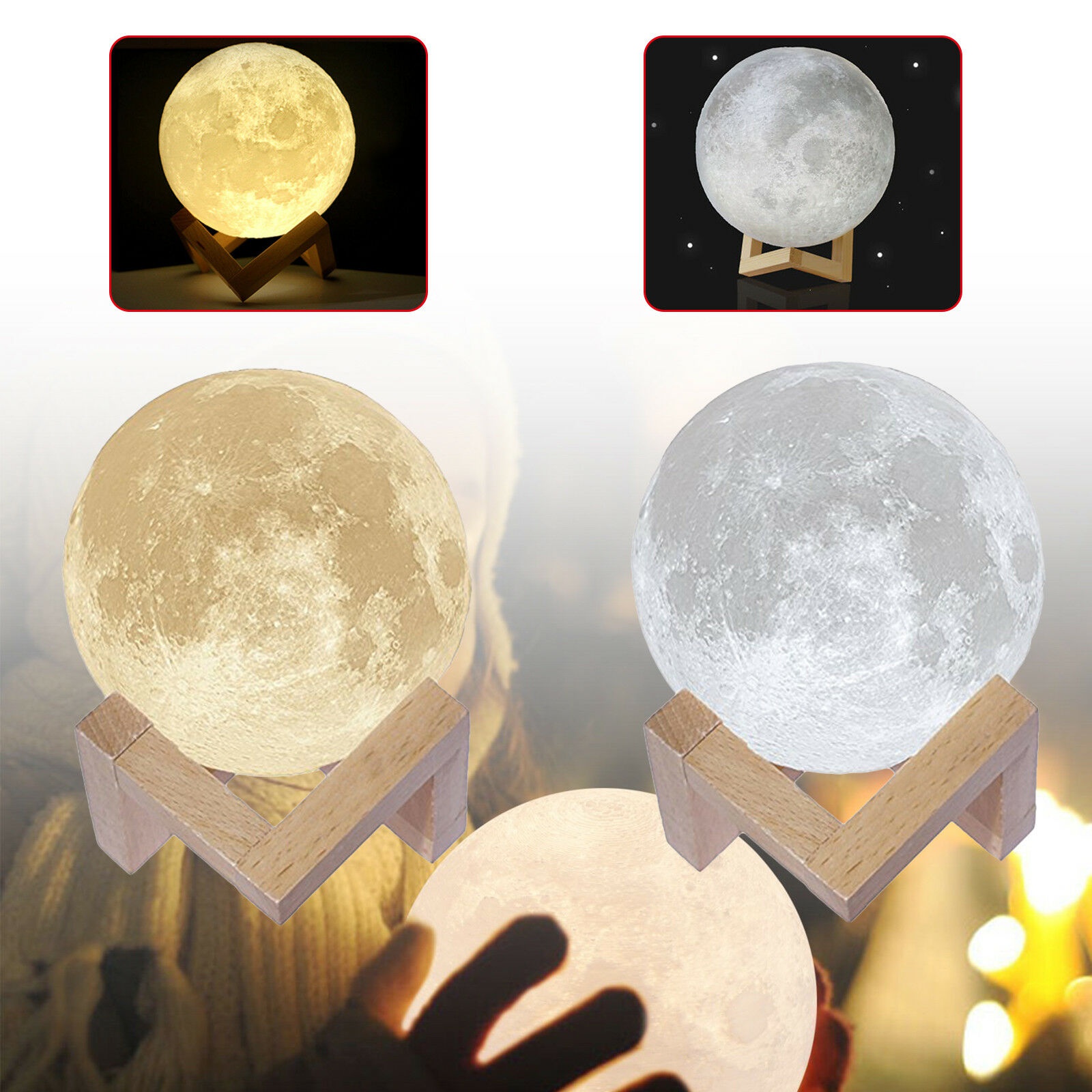 3D Printing Moon Lamp Moonlight USB LED Night Lunar Light Touch Color Changing Home Decor Room