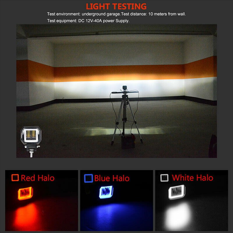 2pcs 3inch LED Work Light Bar Red Halo Angel Eye Spot Offroad Driving Lamp UTV ATV