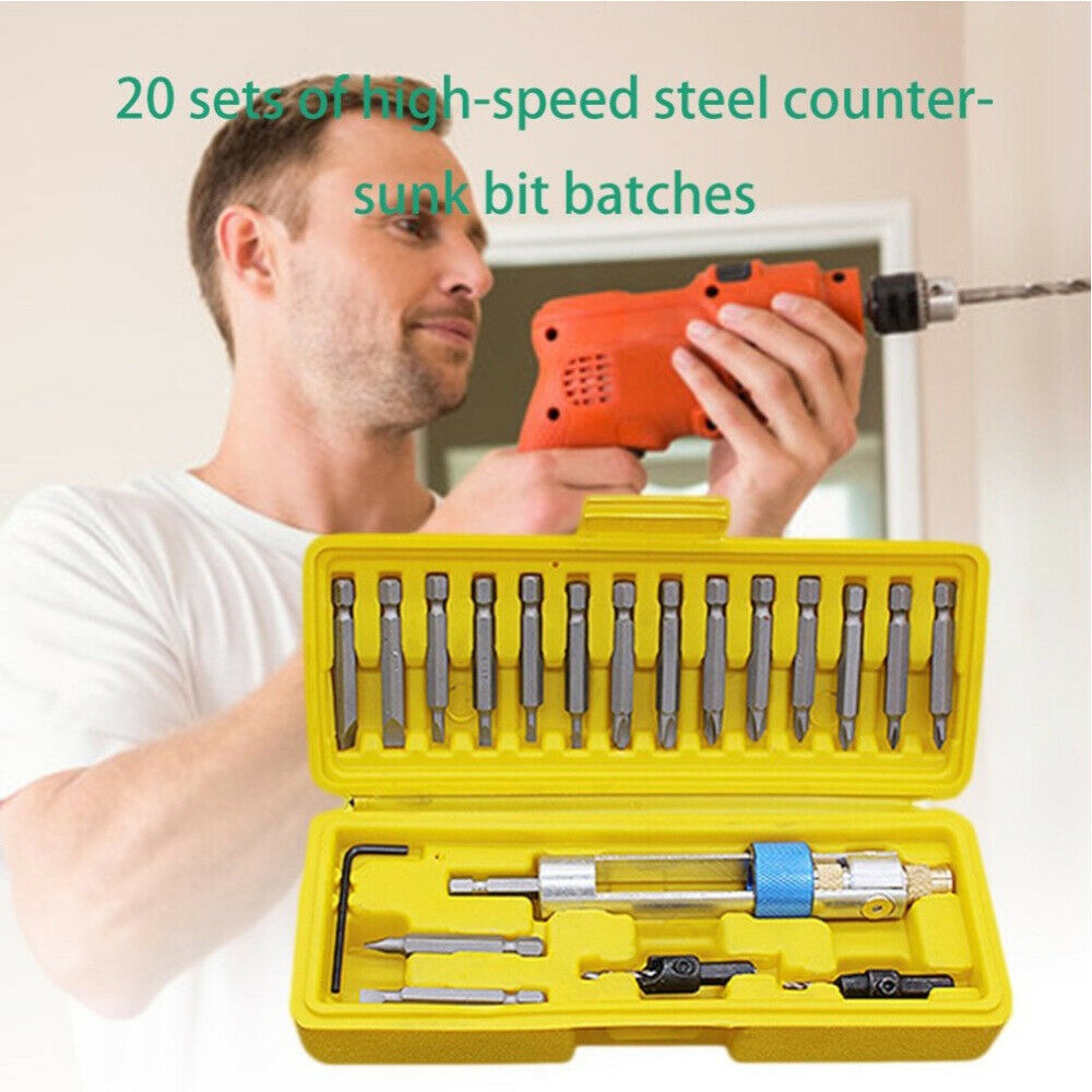 20pc Drill Flip Drive 3 in 1 HSS Countersink Drill Bit Driver Swivel Head Quick-Change Tool Set