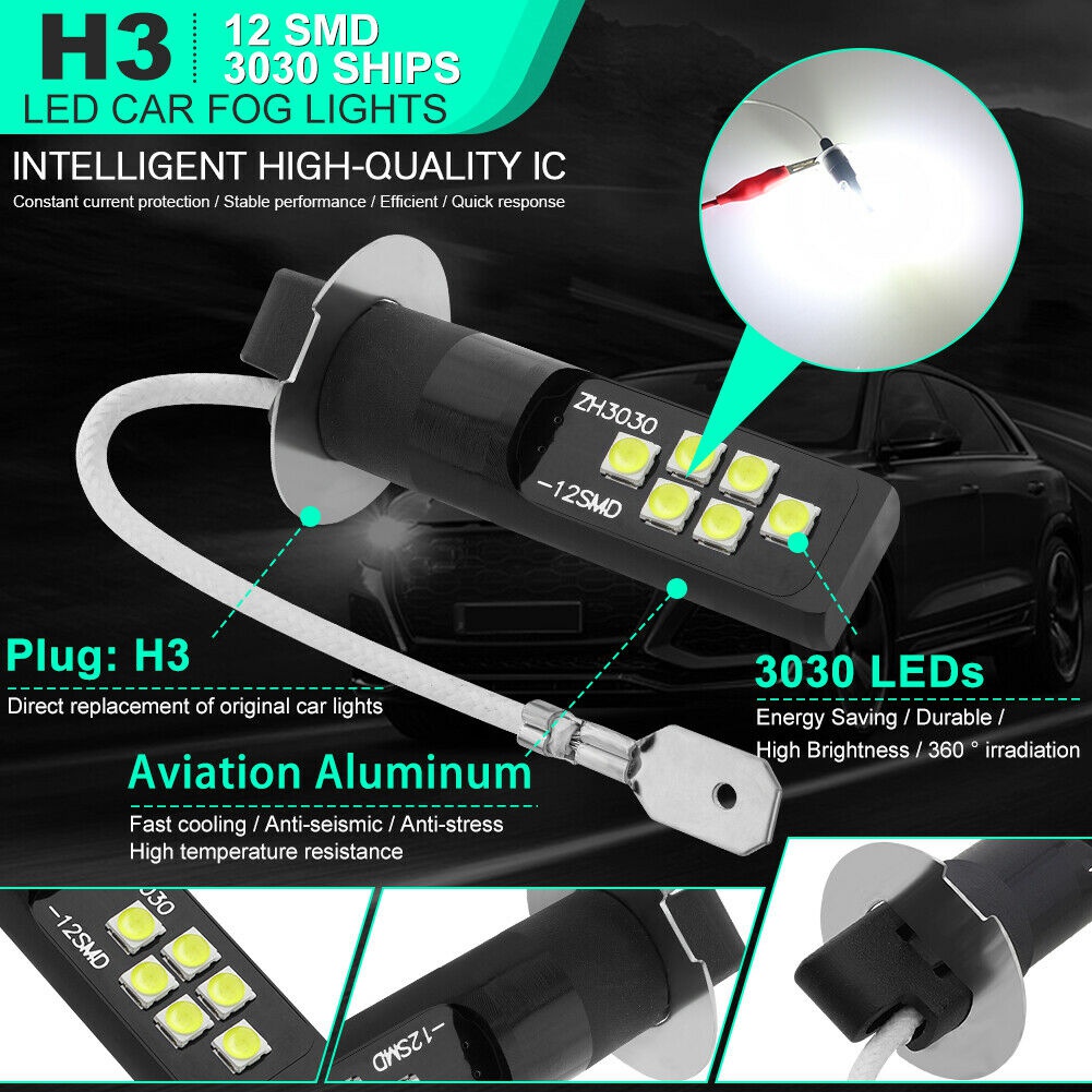2pcs/pair H3 LED Bulb 3030 SMD 6000K White Car Fog Light High Bright DRL Driving Lamp