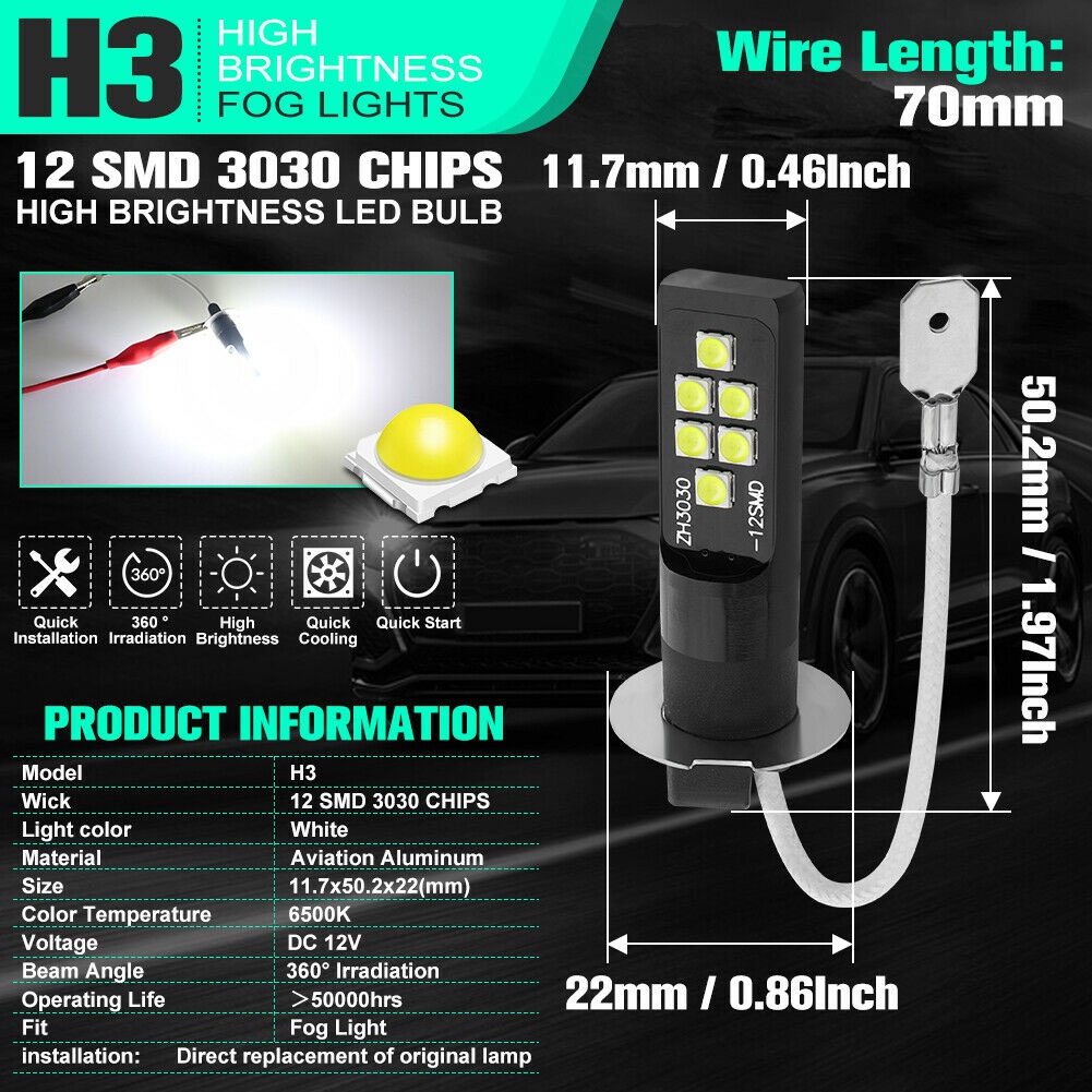 2pcs/pair H3 LED Bulb 3030 SMD 6000K White Car Fog Light High Bright DRL Driving Lamp