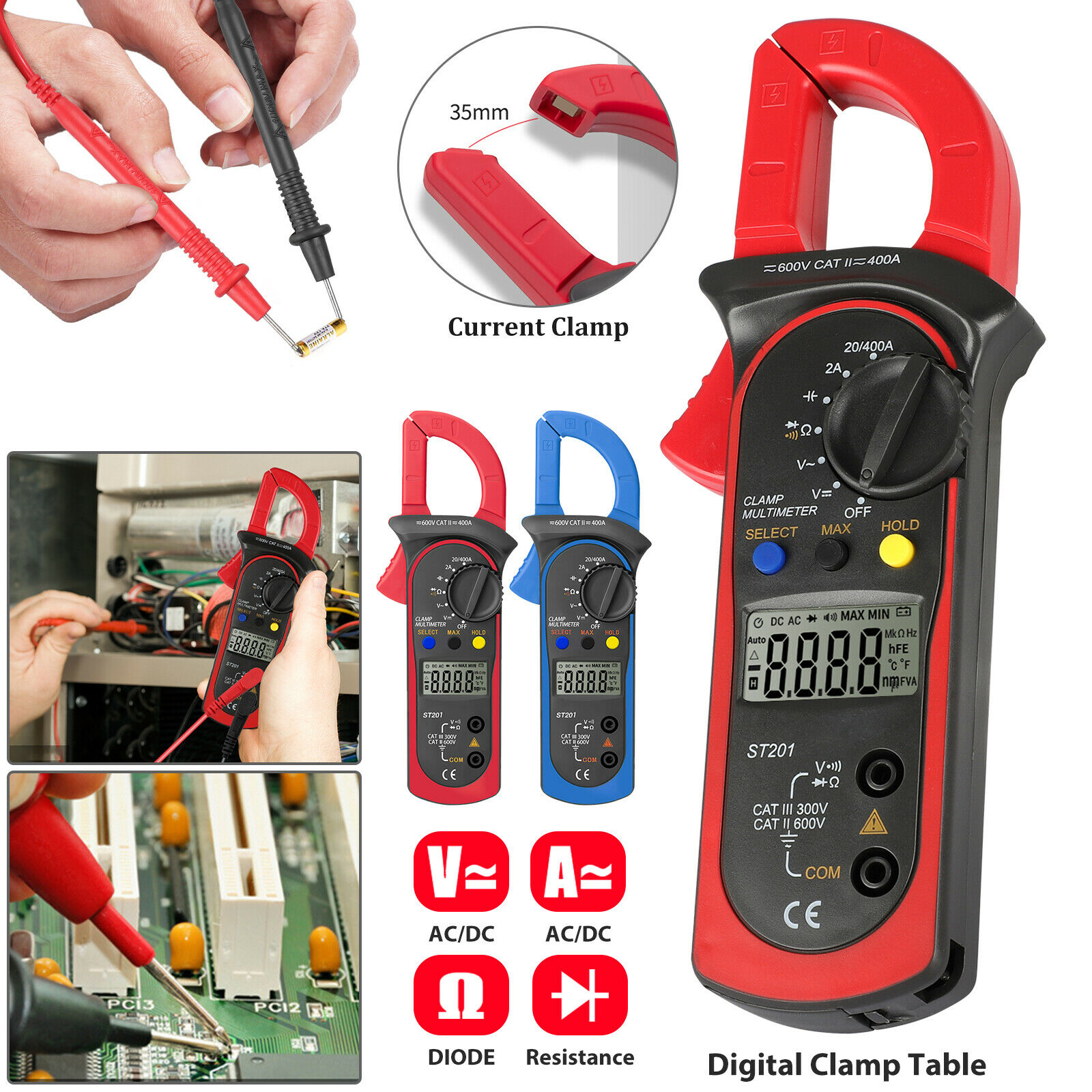Digital multimeter tester AC DC volt ohm ampere clamp meter automatic range LCD handheld-