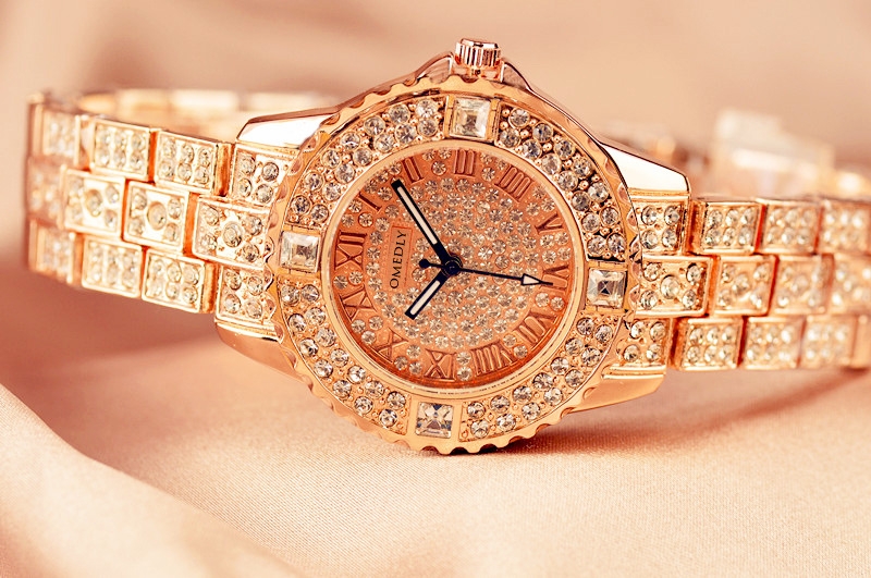 OMEDLY Women&apos;s fashion brand rhinestone watch ladies classic luxury quartz watch gold Rose gold 4