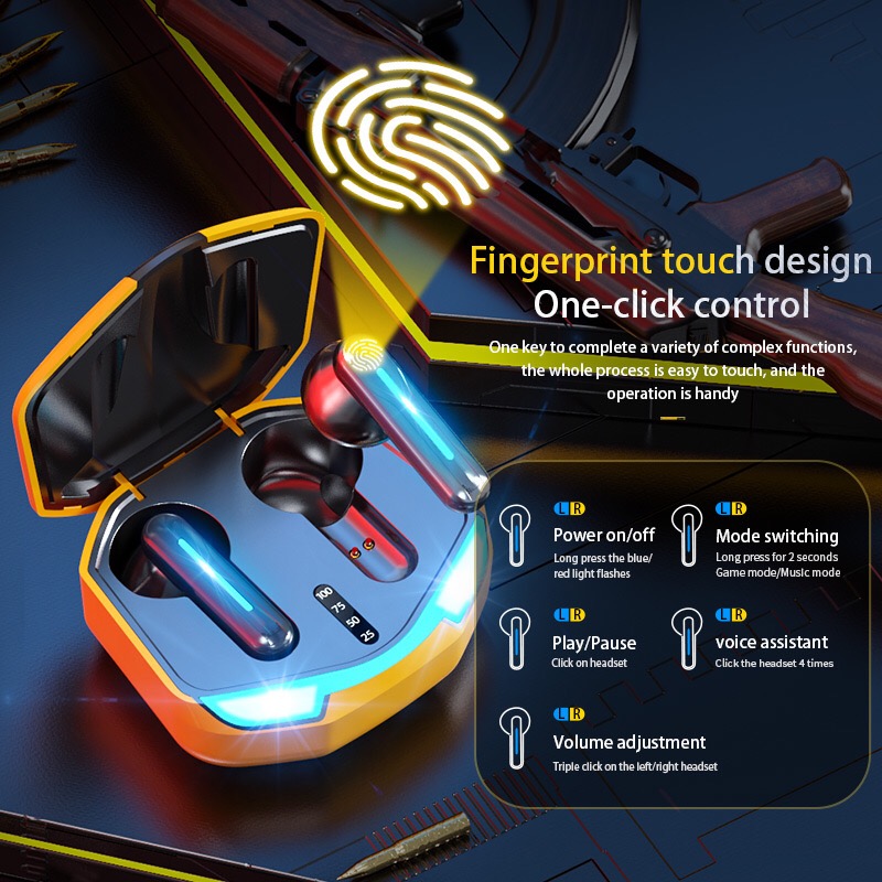 Gaming finger print touch digital display earbuds tws ture wireless bluetooth 5.0 earphones sports touch twins one touch control inpods