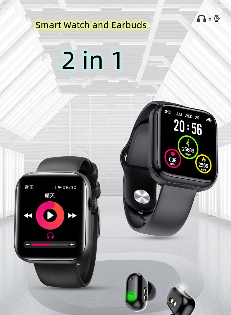 Waterproof TWS Sports Earbuds Smart Watch 2 in 1 Heart Rate Bluetooth Call MP3 Music Smart Bracelet