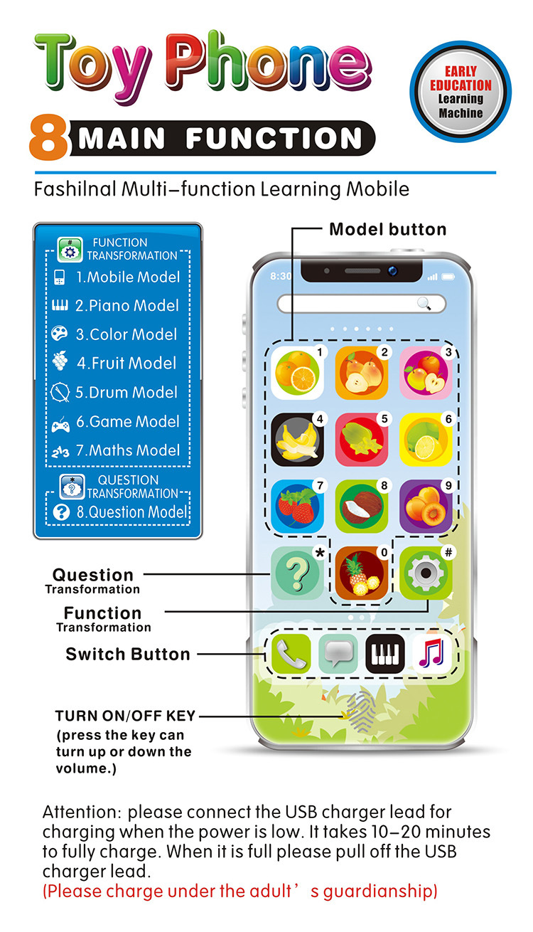 Kids Learning Toy Play Cell Phone with USB Recharable Baby Phone Toy