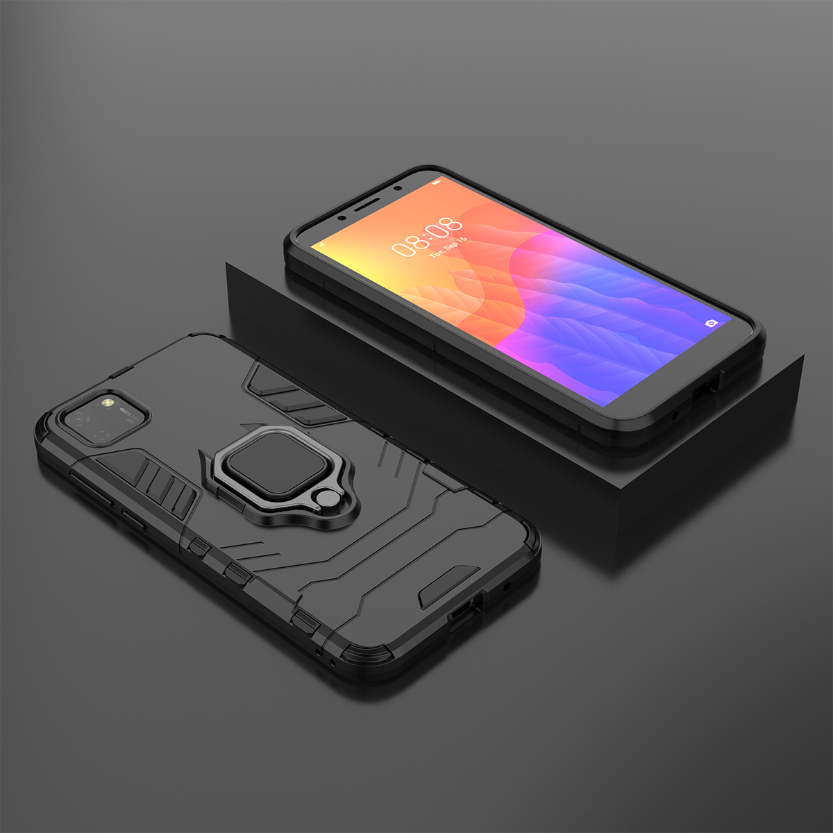 Phone Case for Huawei Y5P, Military Drop-Protection Heavy Duty Metal Ring Grip Kickstand