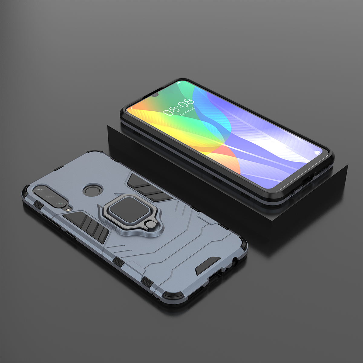 Phone Case for Huawei Y6P, Military Drop-Protection Heavy Duty Metal Ring Grip Kickstand