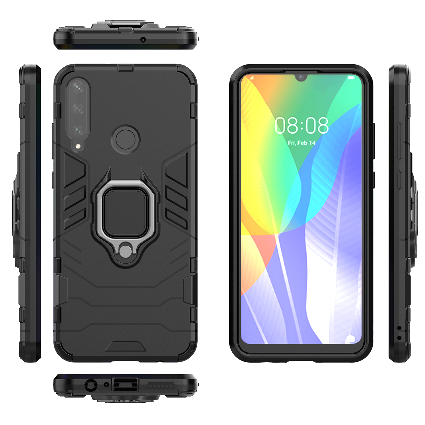 Phone Case for Huawei Y6P, Military Drop-Protection Heavy Duty Metal Ring Grip Kickstand