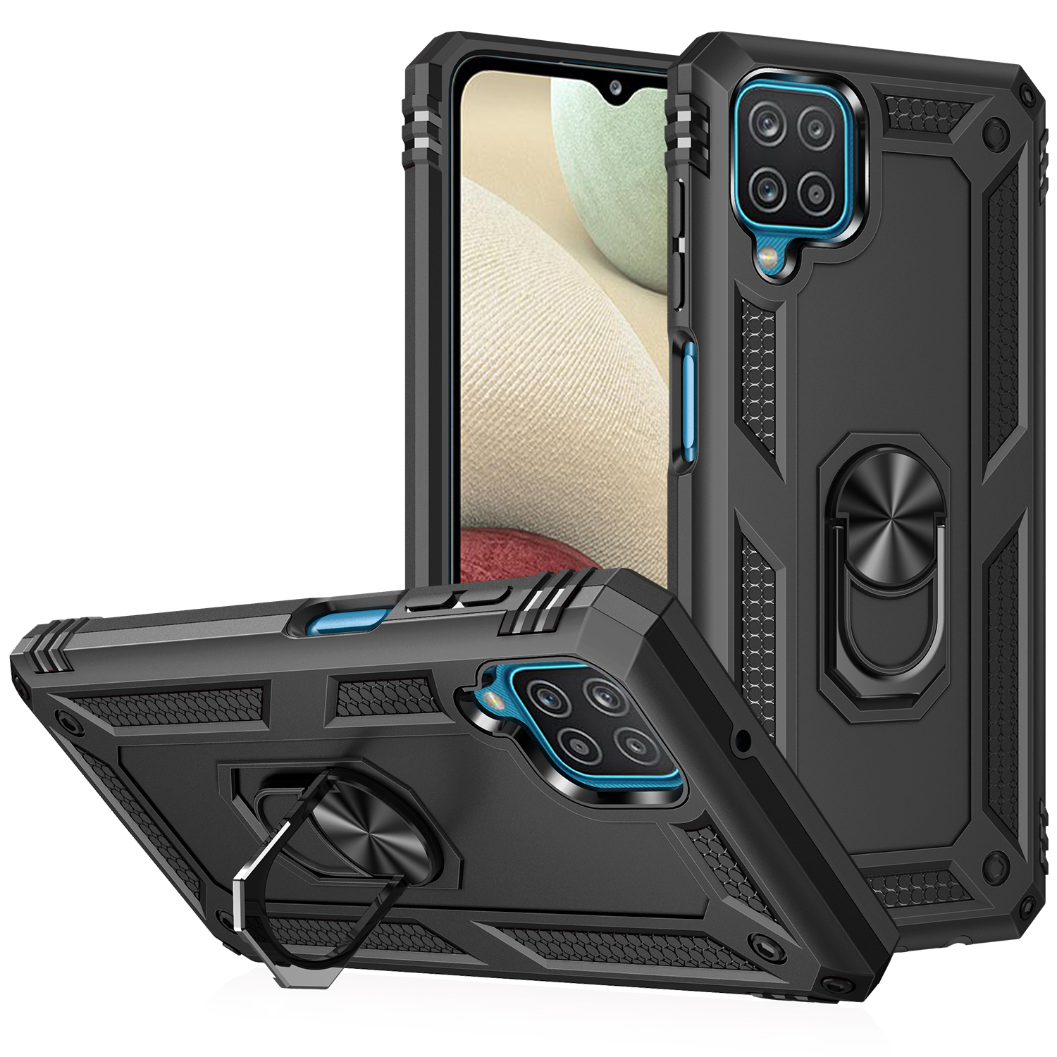 Phone Case for Samsung Galaxy A12 Case, TPU+PC Heavy Duty Metal Ring Grip Kickstand