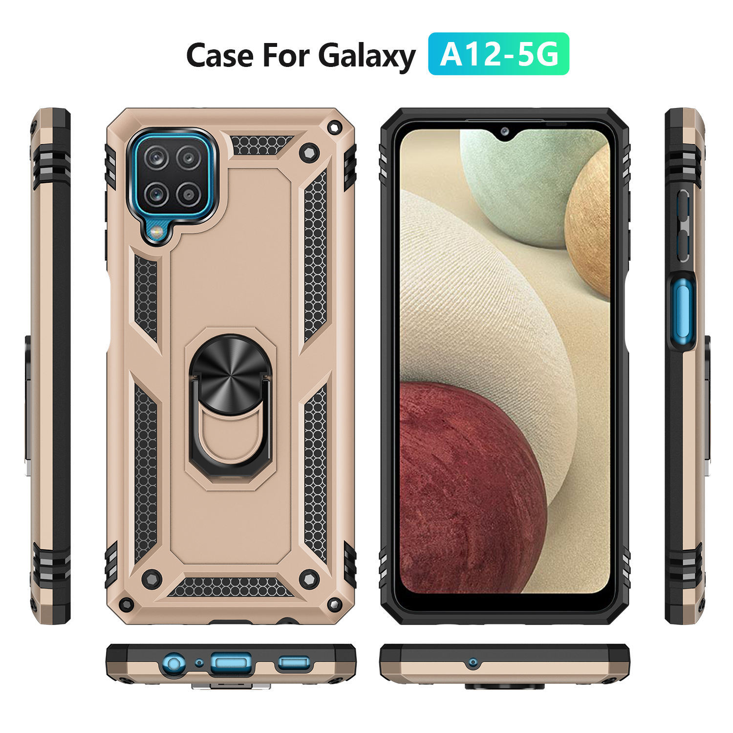 Phone Case for Samsung Galaxy A12 Case, TPU+PC Heavy Duty Metal Ring Grip Kickstand