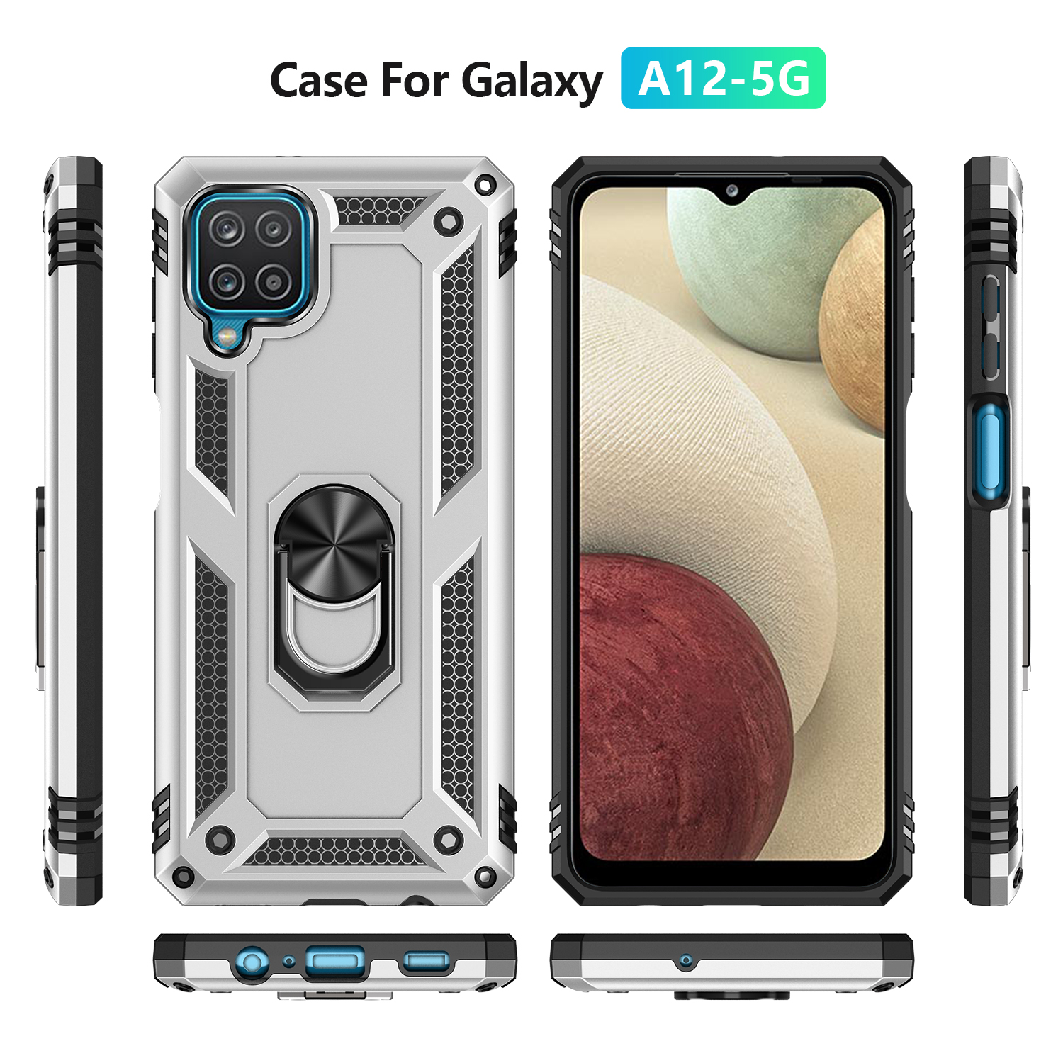 Phone Case for Samsung Galaxy A12 Case, TPU+PC Heavy Duty Metal Ring Grip Kickstand