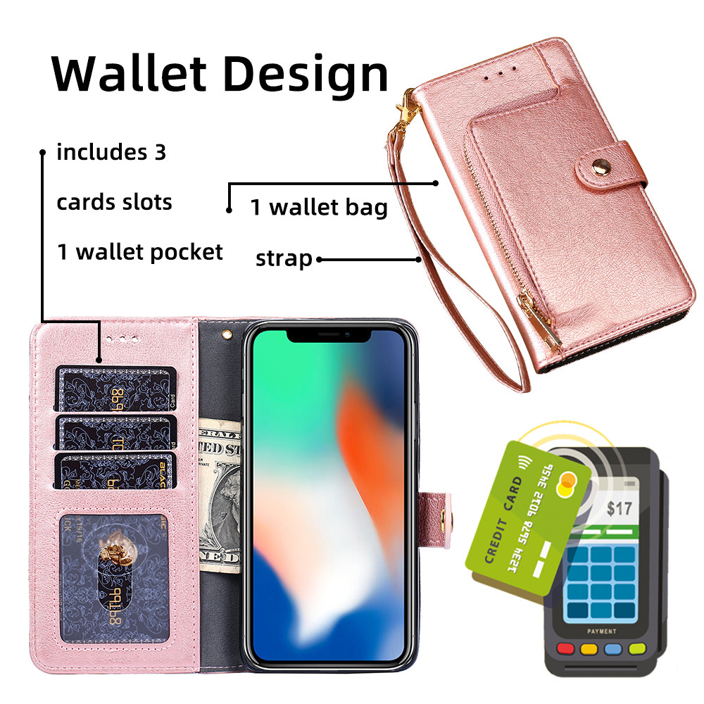 Zipper Phone Cases For Samsung Galaxy A22 4G 6.4'' Flip Cover Wallet Design and Card Slots