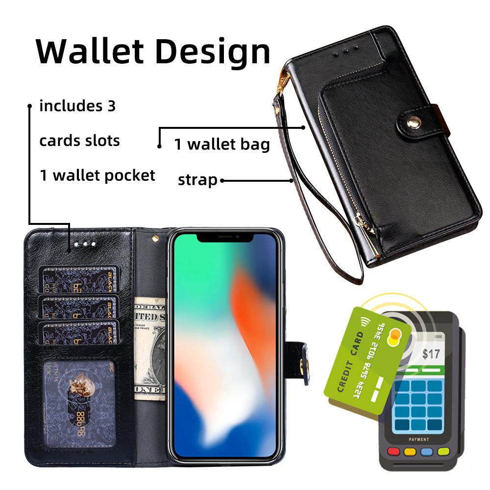 Zipper Phone Cases For Samsung Galaxy A22 4G 6.4'' Flip Cover Wallet Design and Card Slots