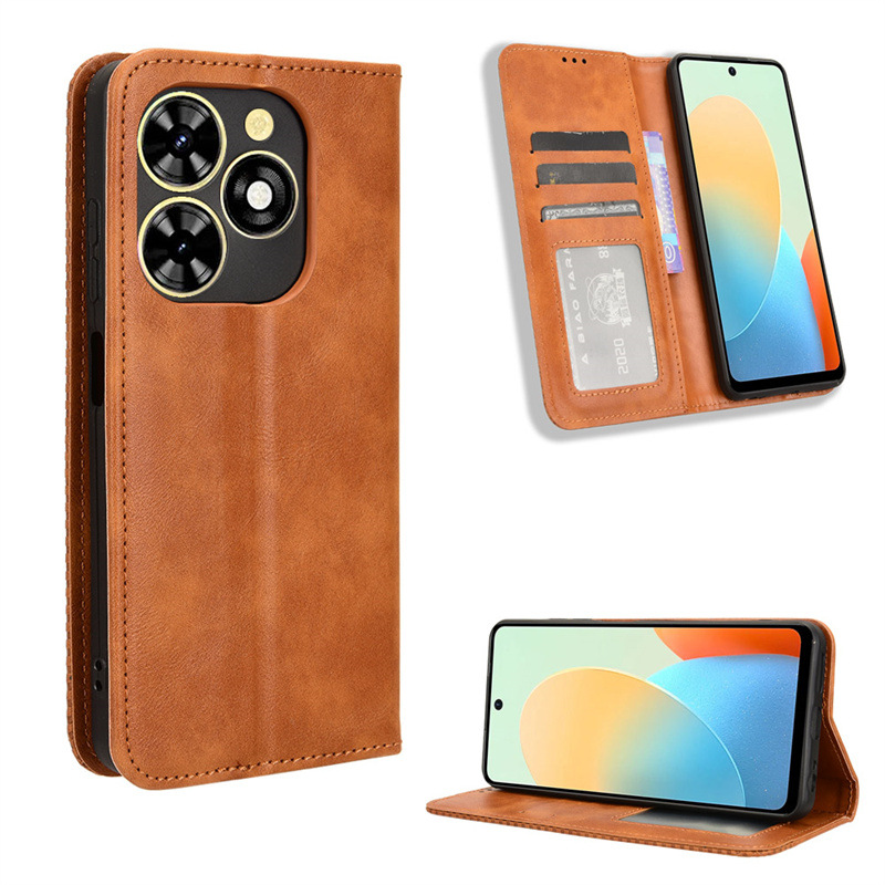 Wallet Flip Cover for Tecno Spark Go 2024 / Spark 20C / Pop 8 Leather PU Phone Case Shockproof Durable Retro Case
