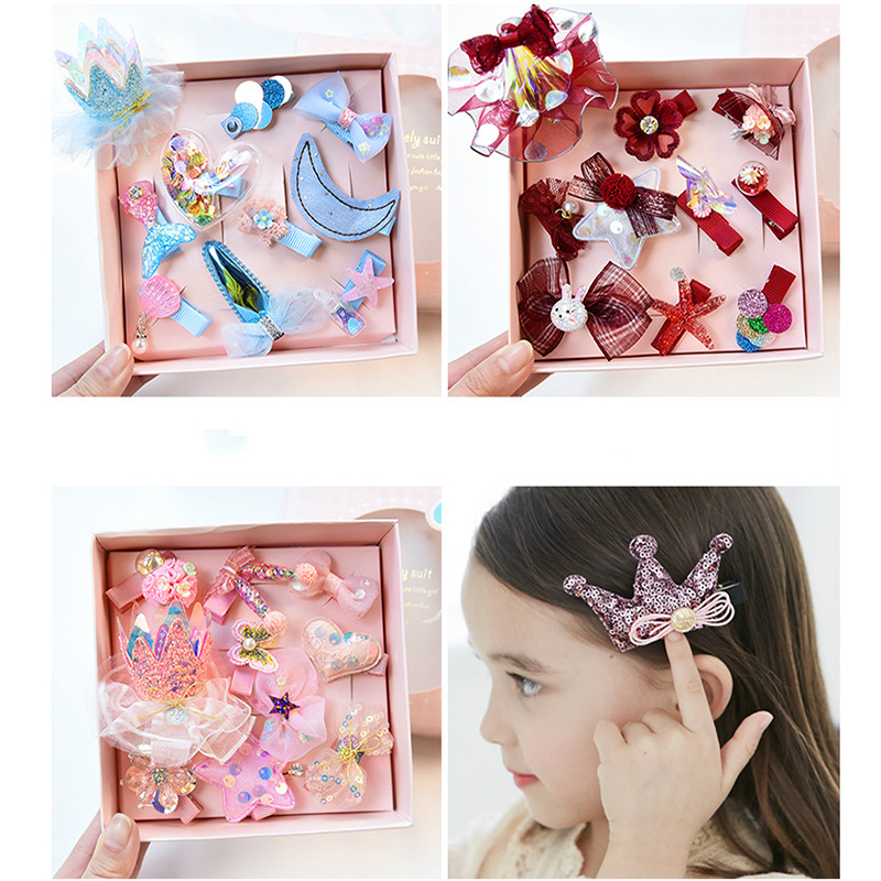 10Pcs/Box Shiny Girl Hair Clips Hair Accessories Set Hairpins Princess Crown Bows Headwear Barrettes