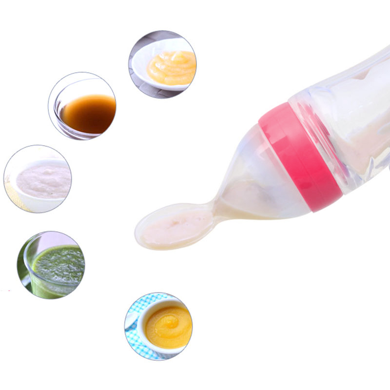 A Newborn Squeezing Feeding Bottle Silicone Training Rice Spoon Infant Supplement Feeder Silicone rice paste bottle feeding spoon for mother and baby auxiliary food Silicone suction cup for children s