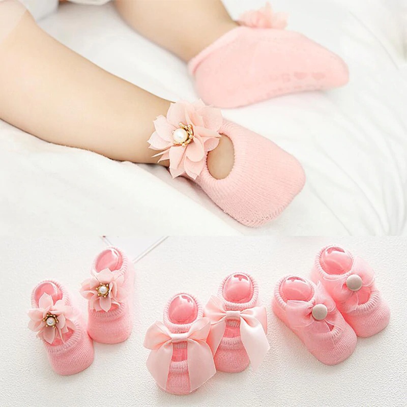 3 Pairs/set Newborn Baby Socks Lace Flower Bowknot Baby Girl Socks Soft Cotton Rubber Sole Anti Slip Pure cotton with lovely shape for spring and autumn thin models