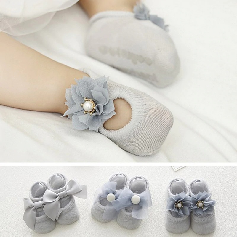 3 Pairs/set Newborn Baby Socks Lace Flower Bowknot Baby Girl Socks Soft Cotton Rubber Sole Anti Slip Pure cotton with lovely shape for spring and autumn thin models