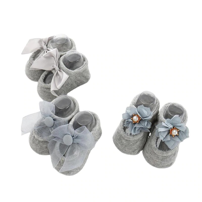 3 Pairs/set Newborn Baby Socks Lace Flower Bowknot Baby Girl Socks Soft Cotton Rubber Sole Anti Slip Pure cotton with lovely shape for spring and autumn thin models