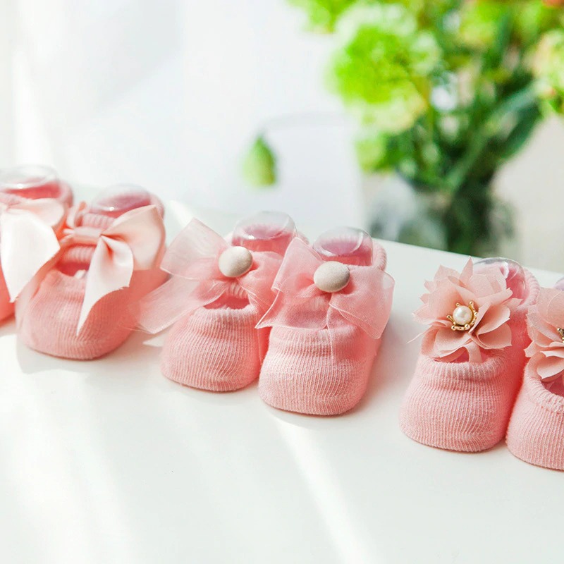 3 Pairs/set Newborn Baby Socks Lace Flower Bowknot Baby Girl Socks Soft Cotton Rubber Sole Anti Slip Pure cotton with lovely shape for spring and autumn thin models
