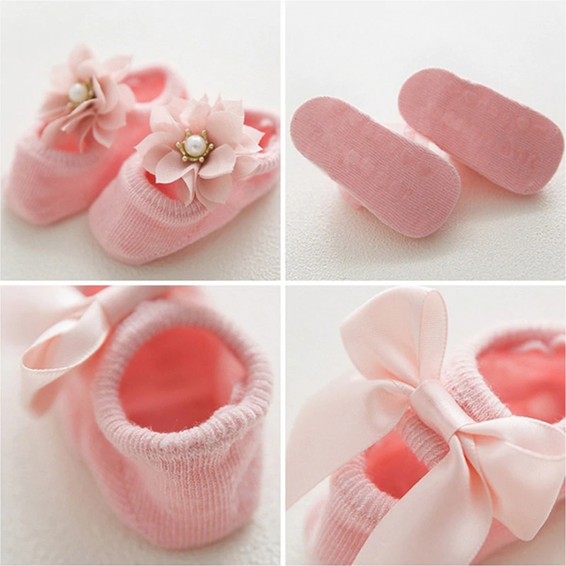 3 Pairs/set Newborn Baby Socks Lace Flower Bowknot Baby Girl Socks Soft Cotton Rubber Sole Anti Slip Pure cotton with lovely shape for spring and autumn thin models