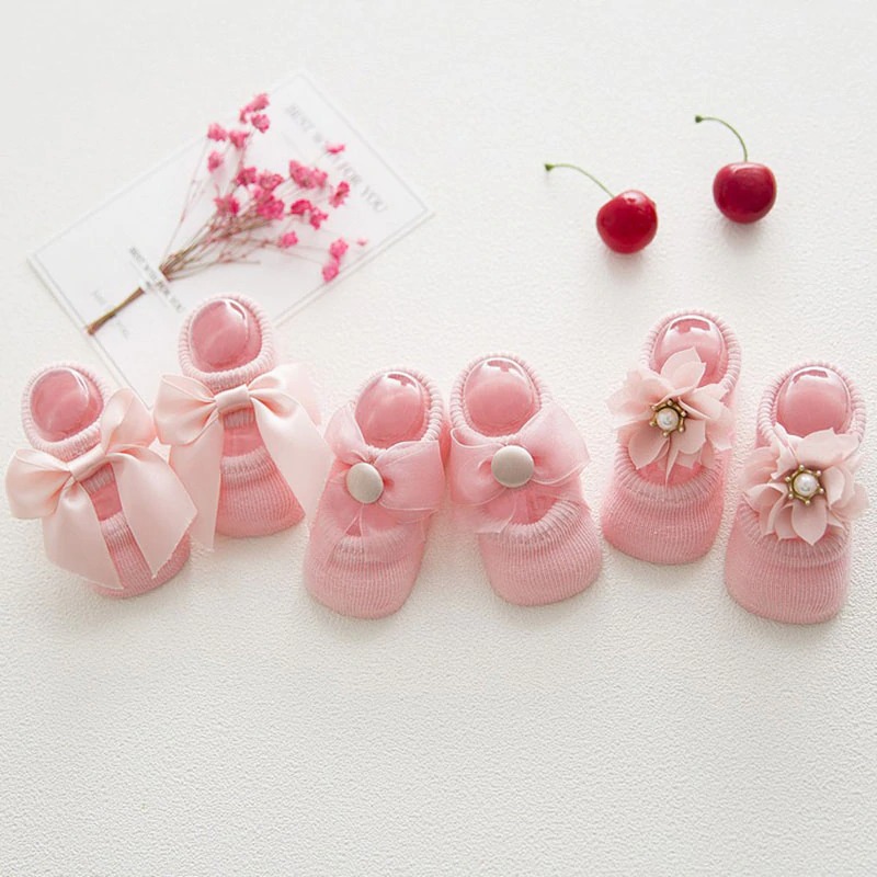 3 Pairs/set Newborn Baby Socks Lace Flower Bowknot Baby Girl Socks Soft Cotton Rubber Sole Anti Slip Pure cotton with lovely shape for spring and autumn thin models