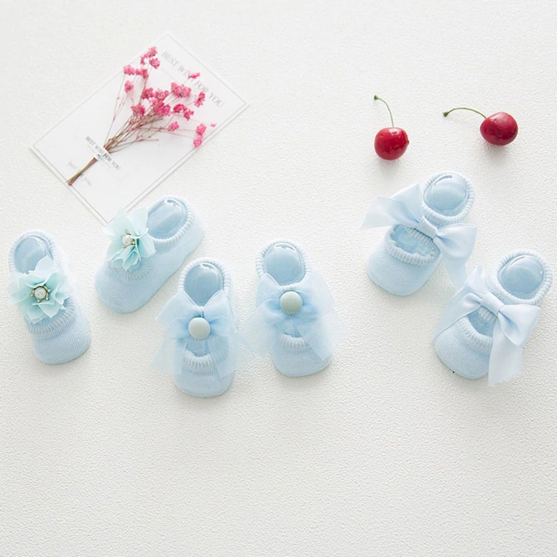 3 Pairs/set Newborn Baby Socks Lace Flower Bowknot Baby Girl Socks Soft Cotton Rubber Sole Anti Slip Pure cotton with lovely shape for spring and autumn thin models