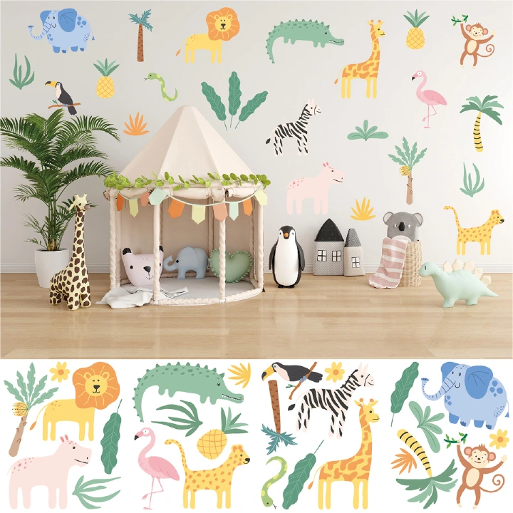 Cartoon jungle animals plants Wall stickers DIY wall stickers Boys & Girls Children's Room Bedroom Baby Kindergarten decoration Kenya hot selling wall stickers 12 tablets in total