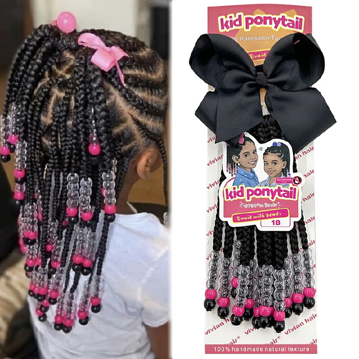 Wigs Beaded Braided Ponytail Women Hair Extensions Fiber Braiding Child Synthetic Beads Wigs Bows Children'S Hair Extensions Suitable for children aged 6-12