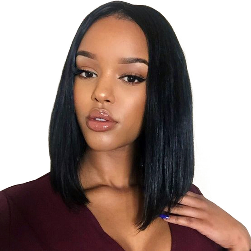 Fashionable Lady Black Short Straight Hair In Cent Bang BoBo Wigs Head Set black as picture 1