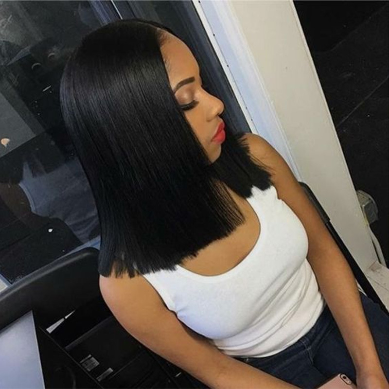 Fashionable Lady Black Short Straight Hair In Cent Bang BoBo Wigs Head Set black as picture 2
