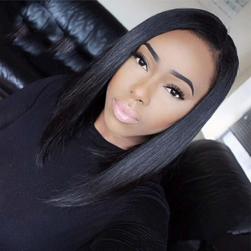 Fashionable Lady Black Short Straight Hair In Cent Bang BoBo Wigs Head Set black as picture 3
