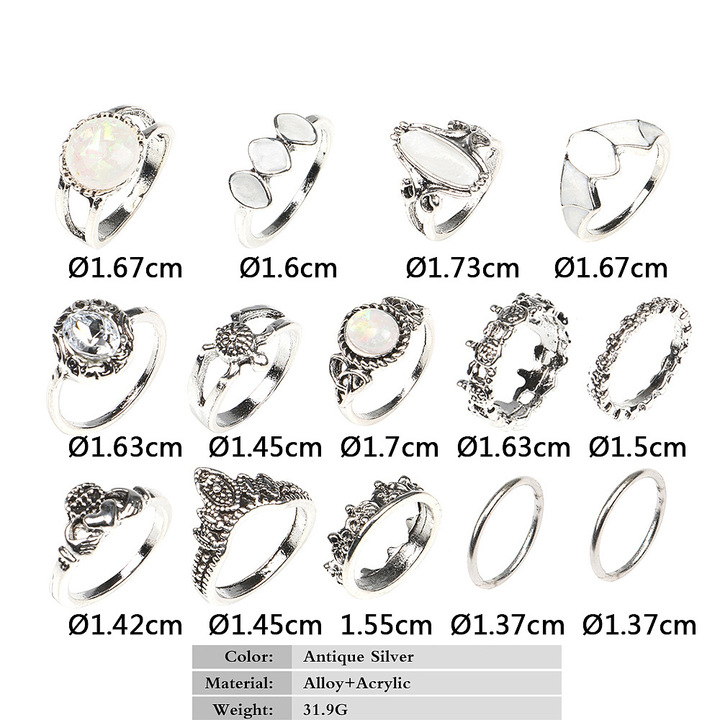 14 Pcs/Set ring set for women new retro gem turtle love joint rings multi-piece ring in jewellery