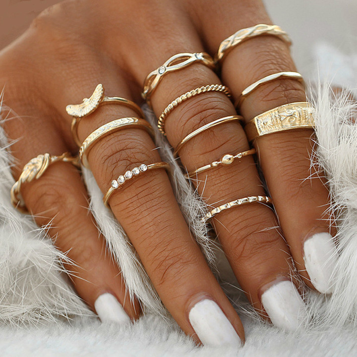 12 Pcs joint rings set for women retro diamond ring winding knotted carved rings wedding jewelry