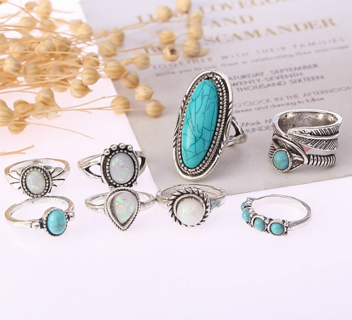 8 Pcs/set Turquoise Opal Rings Sets New Natural Gemstone Rings jewellery for women rings wedding
