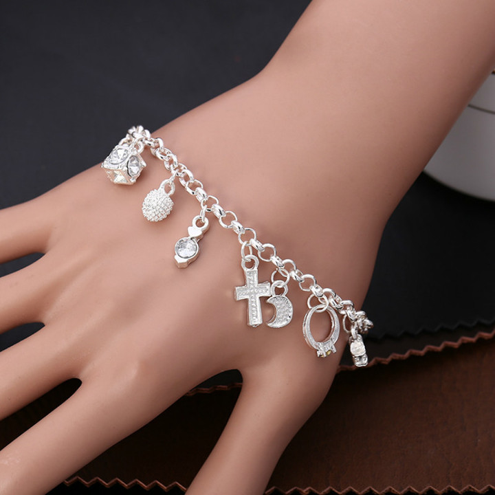 Plated 925 Silver Bracelets silvery european american 13 Hanging ornament wedding Jewelry for women